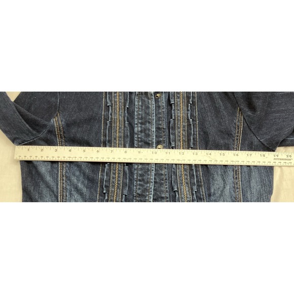 CHICO'S PLATINUM Denim Jean Jacket Blue Ruffle Detail Sz 0 - Picture 7 of 9